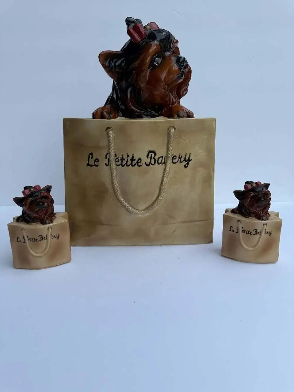 Vintage Le Petite Bakery Ceramic Yorkshire Terrier Cookie Jar and Light Covers
